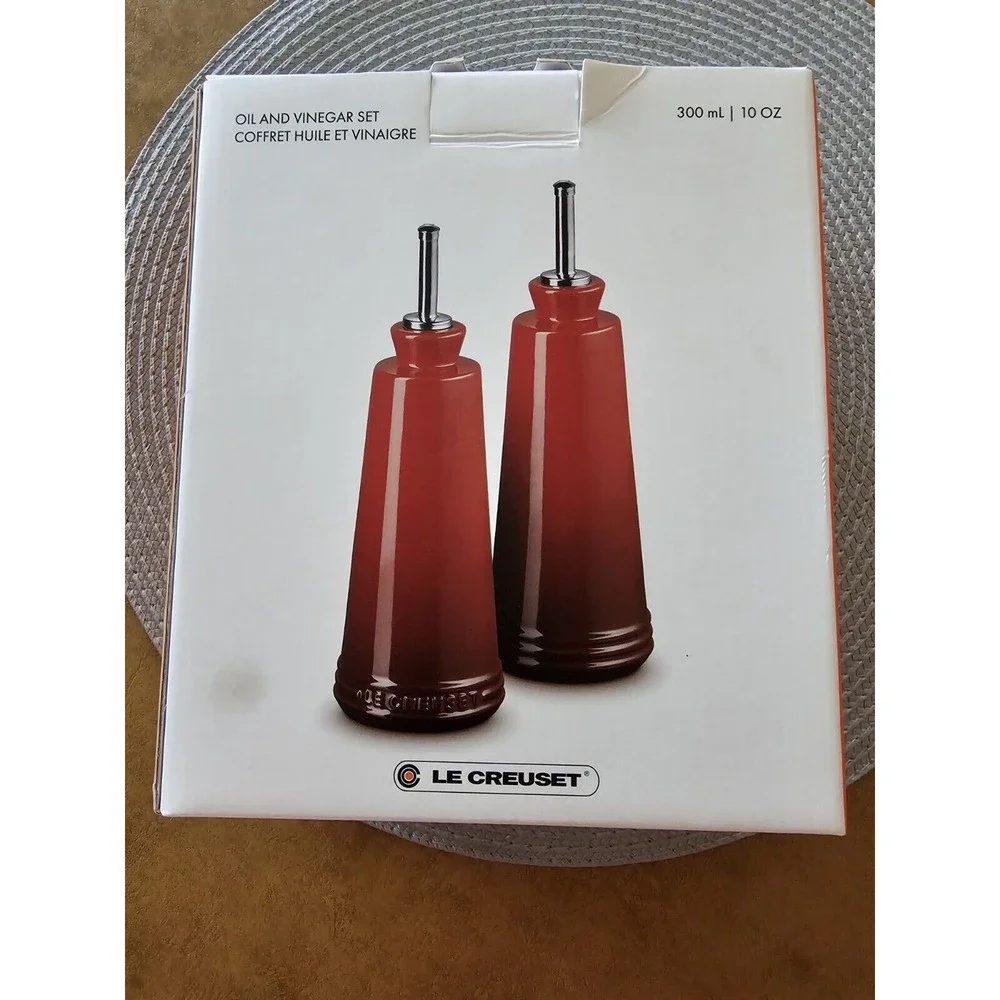 LE CREUSET Oil and Vinegar bottles Set in White 10 Ounce *NEW*